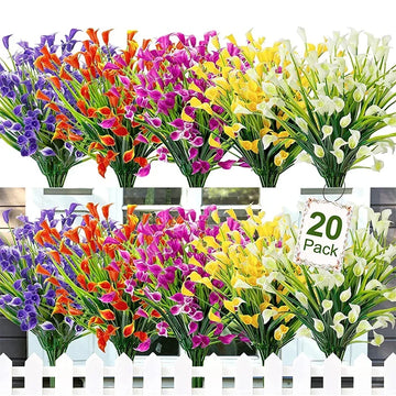 Qfdian 20 Bundles Outdoor Artificial Flowers Plants Decoration UV Resistant Plastic Flowers for Outside Faux Plants for Home Decor
